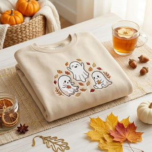 Cozy Fall Ghost Crewneck, Embroidered Halloween T-Shirt, Cute Autumn Leaf Shirt, Spooky Gift