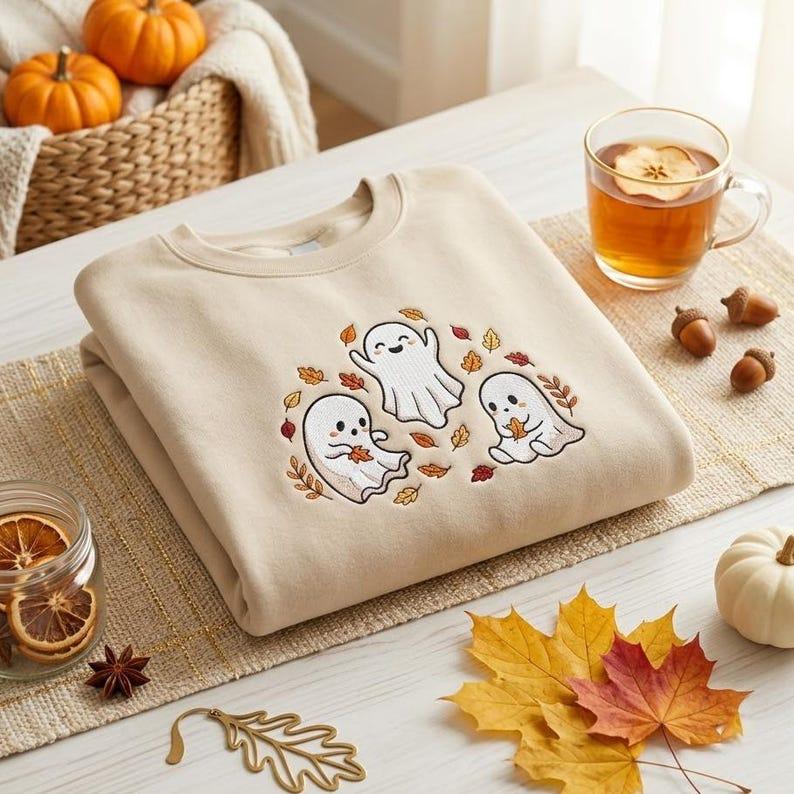 Cozy Fall Ghost Crewneck, Embroidered Halloween T-Shirt, Cute Autumn Leaf Shirt, Spooky Gift