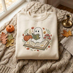 Embroidered Halloween Book Lover Sweatshirt, Cute Ghost Reading Crewneck, Cozy Fall Pullover, Spooky Autumn Gift for Readers and Teachers