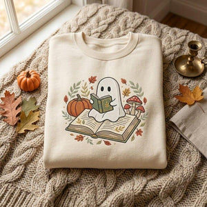 Embroidered Halloween Book Lover Sweatshirt, Cute Ghost Reading Crewneck, Cozy Fall Pullover, Spooky Autumn Gift for Readers and Teachers