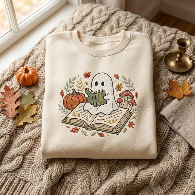Embroidered Halloween Book Lover Sweatshirt, Cute Ghost Reading Crewneck, Cozy Fall Pullover, Spooky Autumn Gift for Readers and Teachers