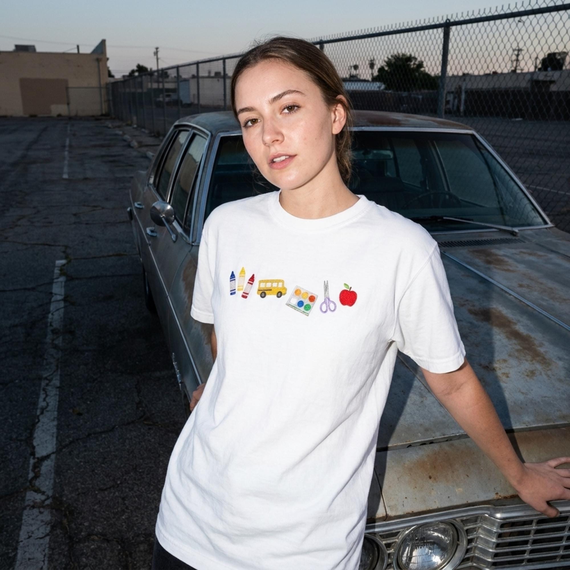 Embroidered Teacher Shirt, Unisex Crewneck Tee with School Supplies Design