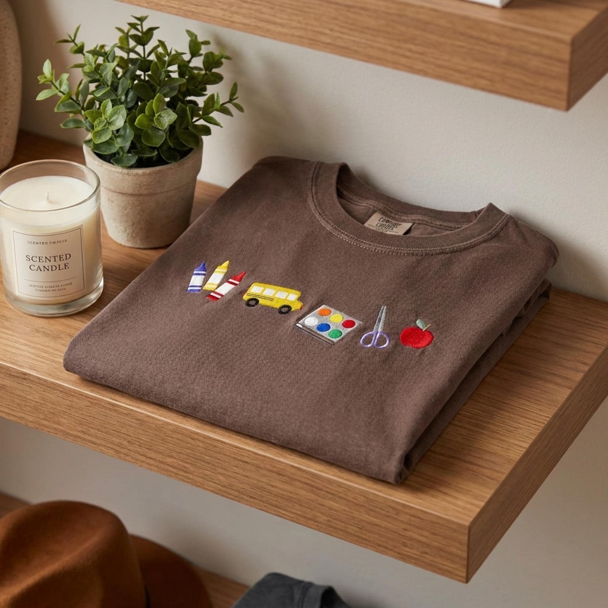 Embroidered Teacher Shirt, Unisex Crewneck Tee with School Supplies Design