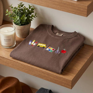 Embroidered Teacher Shirt, Unisex Crewneck Tee with School Supplies Design