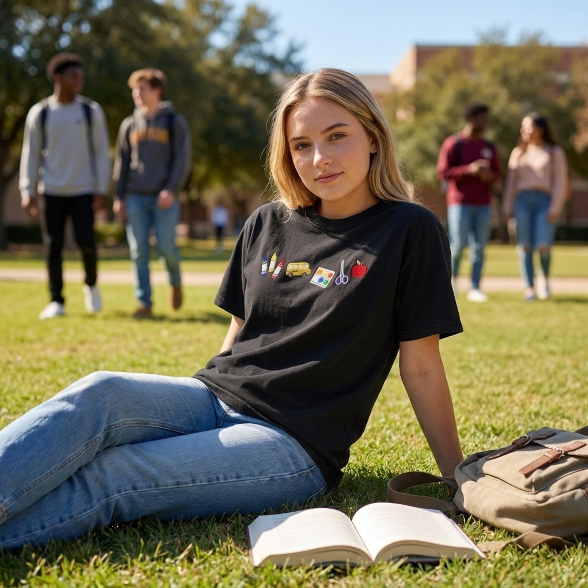 Embroidered Teacher Shirt, Unisex Crewneck Tee with School Supplies Design
