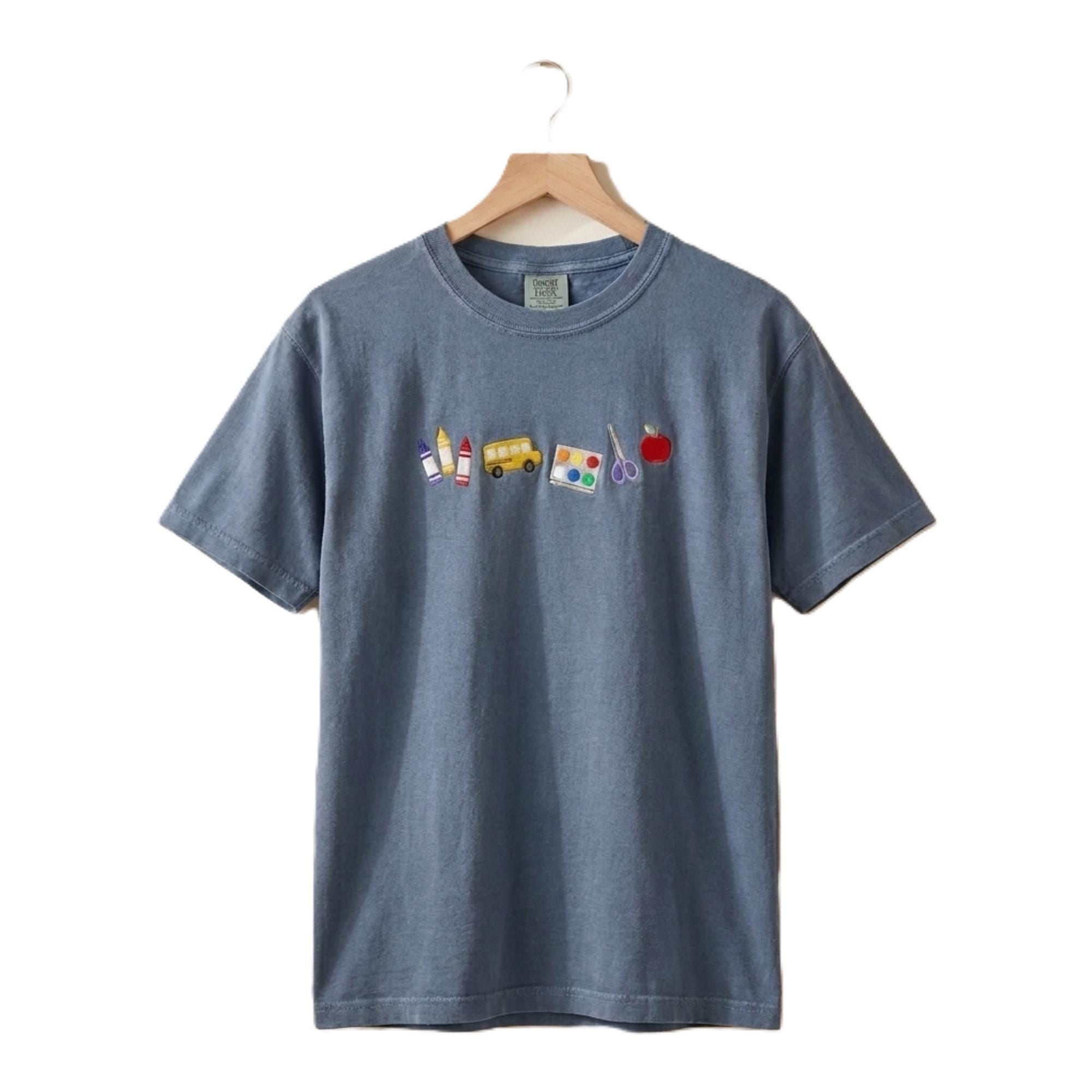 Embroidered Teacher Shirt, Unisex Crewneck Tee with School Supplies Design
