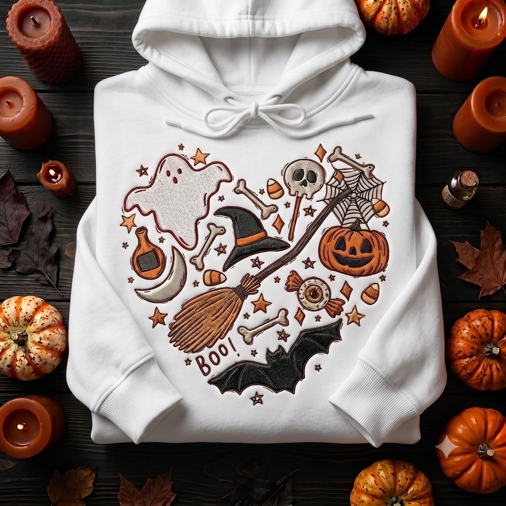 Witchy Halloween Hoodie, Embroidered Ghost Pumpkin Crewneck, Spooky Autumn Shirt, Fall Gift