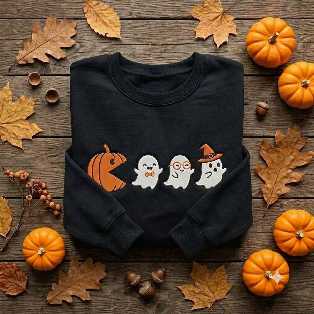 Cute Halloween Sweatshirt, Embroidered Ghost Pumpkin Crewneck, Cozy Fall Autumn Shirt, Ghost Lover Gift