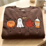 Cute Dancing Halloween Characters Embroidered T-Shirt Fall Leaf, Ghost & Iced Coffee Top
