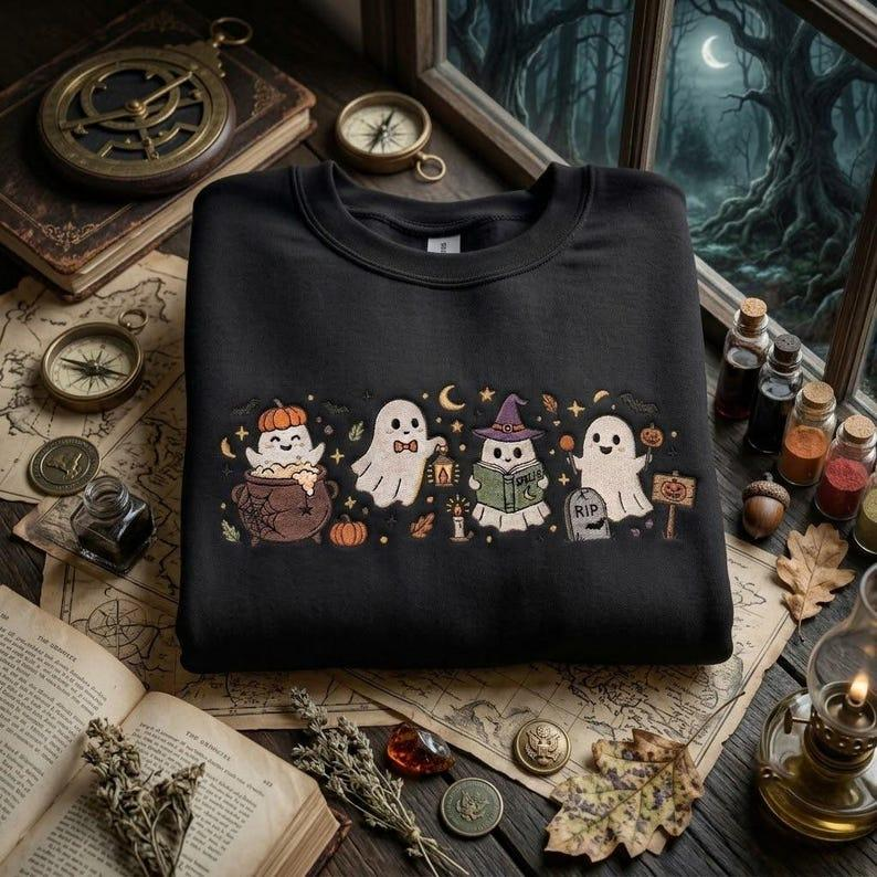 Halloween Ghost Embroidered T-Shirt, Cute Cozy Ghost Crewneck, Pumpkin Spooky Season Shirt, Fall Autumn Embroidery Gift for Women