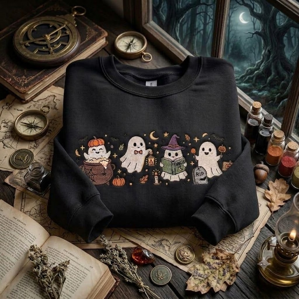 Halloween Ghost Embroidered Sweatshirt, Cute Cozy Ghost Crewneck, Pumpkin Spooky Season Shirt, Fall Autumn Embroidery Gift for Women