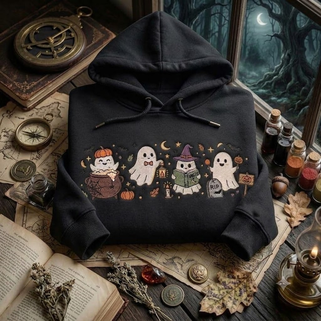 Halloween Ghost Embroidered Hoodies, Cute Cozy Ghost Crewneck, Pumpkin Spooky Season Shirt, Fall Autumn Embroidery Gift for Women