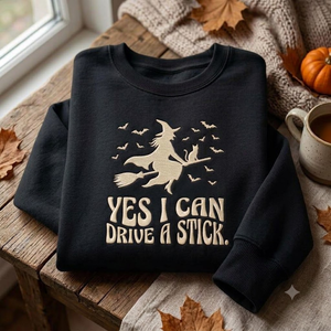 Spooky Witch Sweatshirt, Funny Drive a Stick Embroidered Crewneck, Gothic Halloween Gift