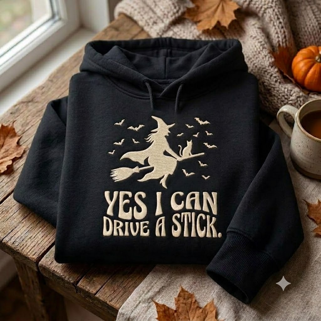 Spooky Witch Hoodies, Funny Drive a Stick Embroidered Crewneck, Gothic Halloween Gift