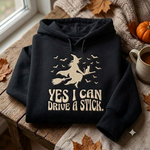 Spooky Witch Hoodies, Funny Drive a Stick Embroidered Crewneck, Gothic Halloween Gift