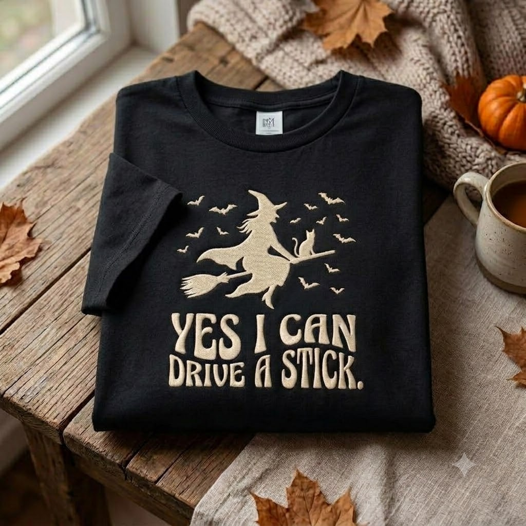 Spooky Witch T-shirt, Funny Drive a Stick Embroidered Crewneck, Gothic Halloween Gift