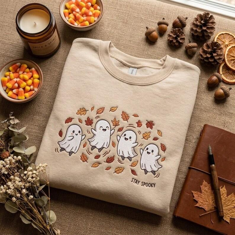 Spooky Ghost Crewneck, Embroidered Cute Halloween T-Shirt, Stay Spooky Fall Shirt, Cozy Gift
