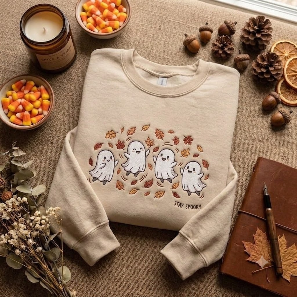 Spooky Ghost Crewneck, Embroidered Cute Halloween Sweatshirt, Stay Spooky Fall Shirt, Cozy Gift