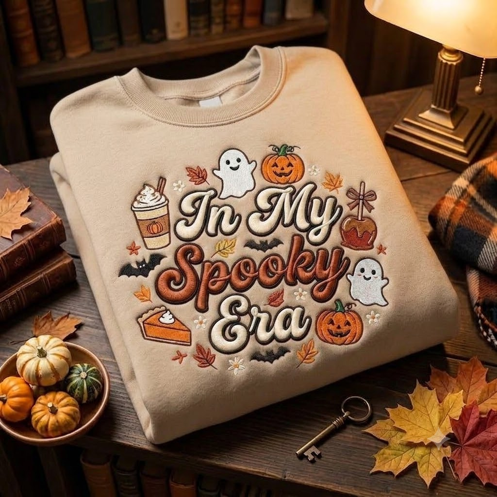 Autumn Halloween Crewneck, Embroidered Ghost Pumpkin T-Shirt, Cozy Spooky Fall Shirt, Gift Idea