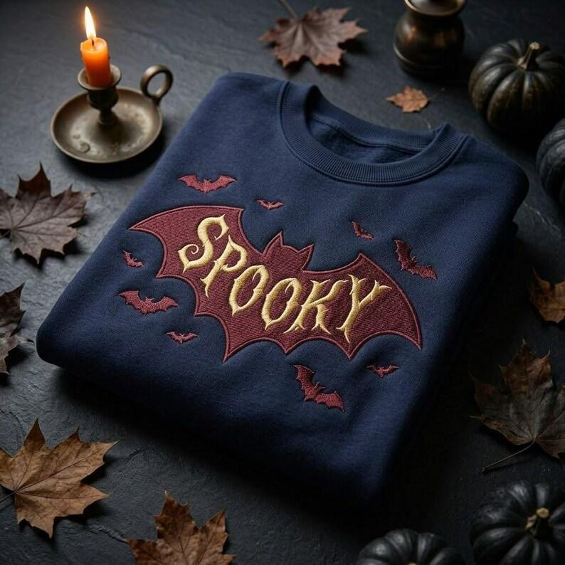 Bat Halloween T-Shirt, Embroidered Spooky Gothic Crewneck, Cozy October Fall Shirt, Halloween Gift