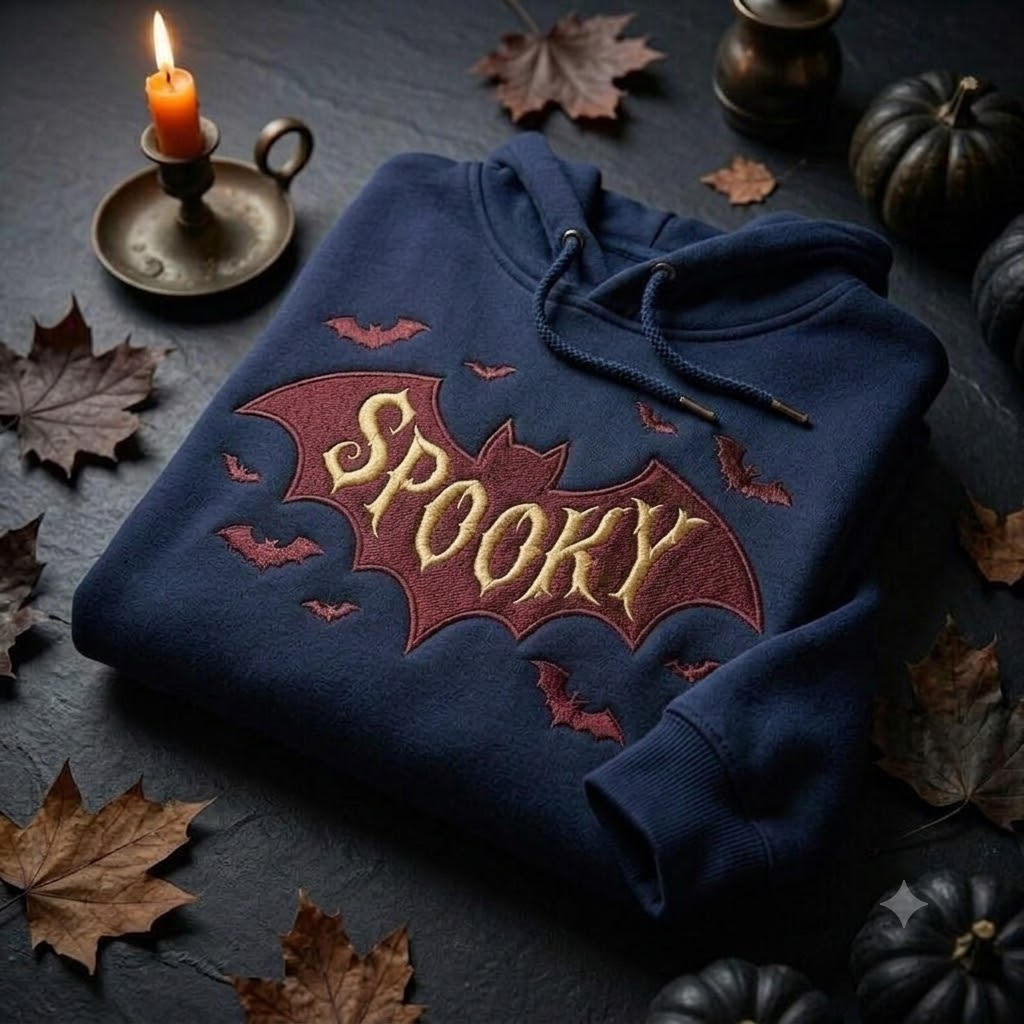 Bat Halloween Hoodies, Embroidered Spooky Gothic Crewneck, Cozy October Fall Shirt, Halloween Gift