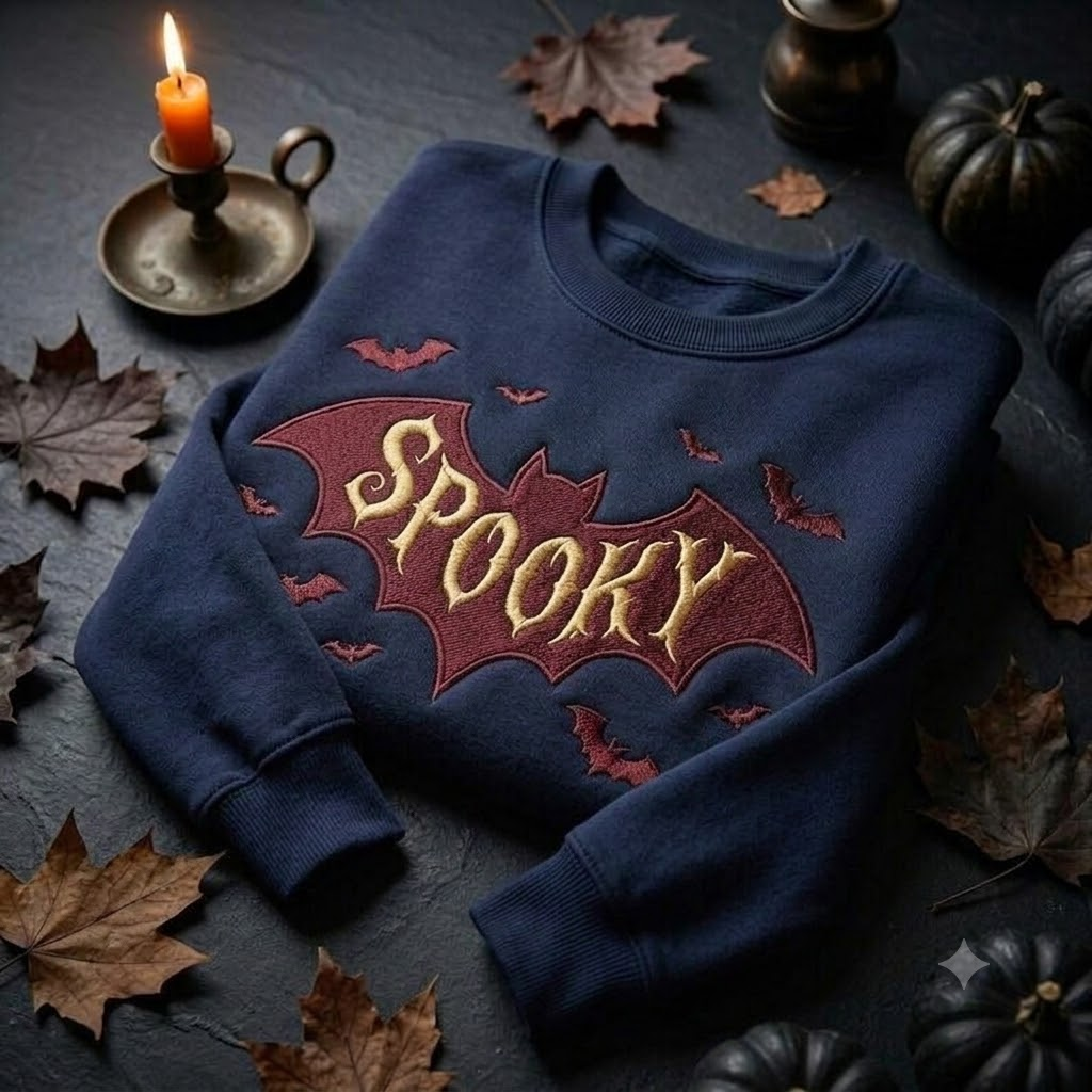 Bat Halloween Sweatshirt, Embroidered Spooky Gothic Crewneck, Cozy October Fall Shirt, Halloween Gift
