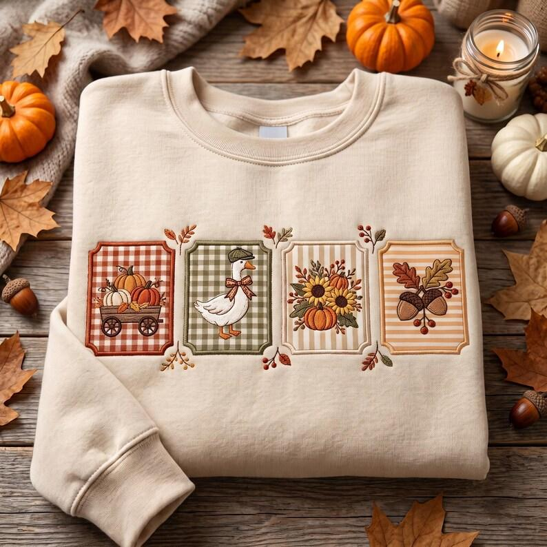 Embroidered Fall Vibes Applique Sweatshirt, Farmhouse Autumn Shirt, Goose Pumpkin Tractor Patchwork Shirt, Thanksgiving Gift for Her