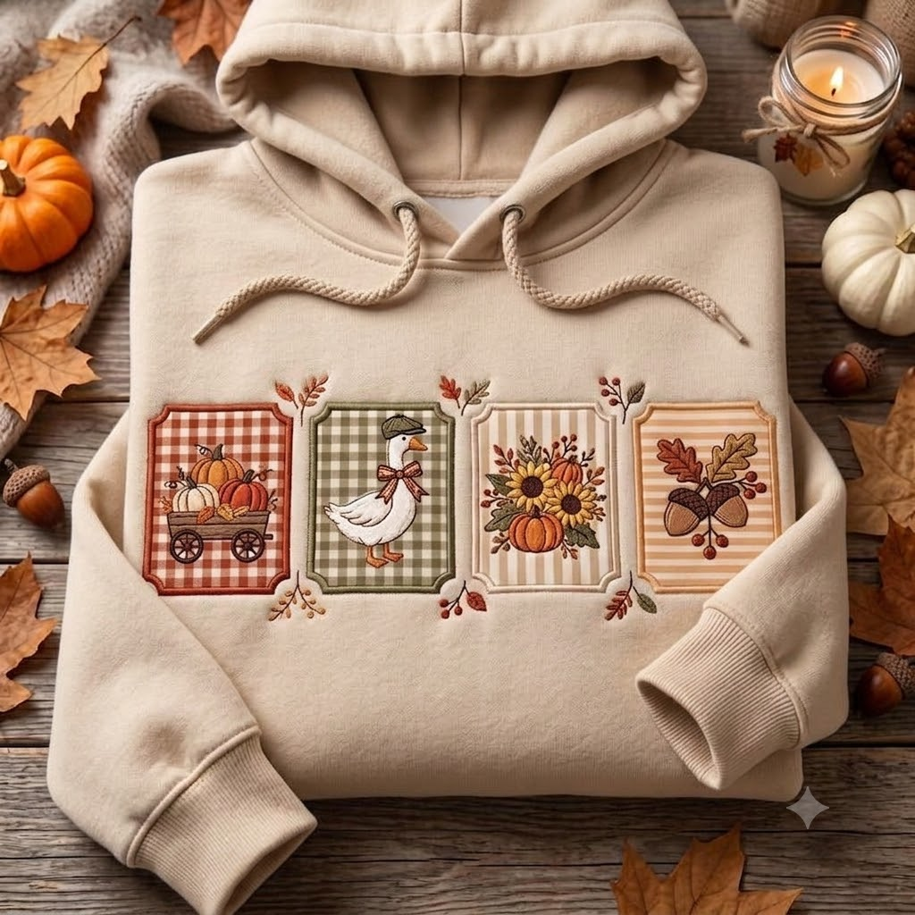 Embroidered Fall Vibes Applique Hoodies, Farmhouse Autumn Shirt, Goose Pumpkin Tractor Patchwork Shirt, Thanksgiving Gift for Her