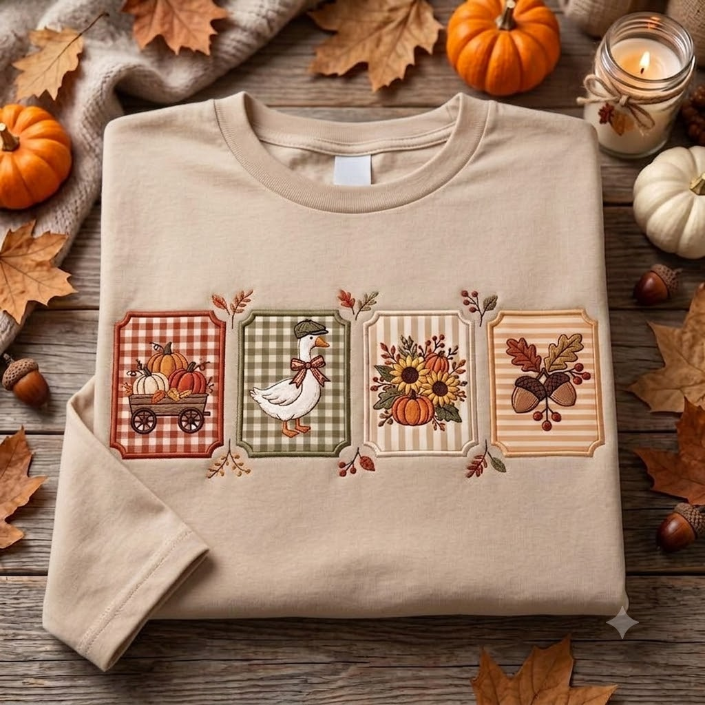 Embroidered Fall Vibes Applique T-Shirt, Farmhouse Autumn Shirt, Goose Pumpkin Tractor Patchwork Shirt, Thanksgiving Gift for Her