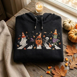 Embroidered Cute Halloween Hoodies, Ghost Pumpkin Skeleton Monster Crossing Crewneck with Black Cat for Cozy Autumn Spooky Season