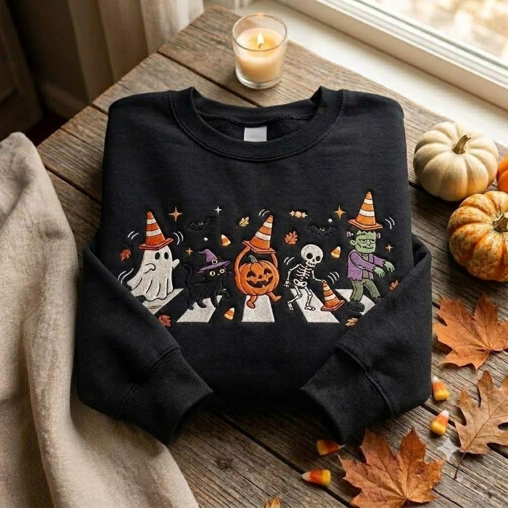 Embroidered Cute Halloween Sweatshirt, Ghost Pumpkin Skeleton Monster Crossing Crewneck with Black Cat for Cozy Autumn Spooky Season