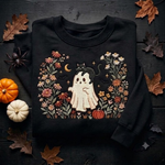 Embroidered Cat Lover Halloween Sweatshirt, Cute Ghost and Black Cat Crewneck with Autumn Flowers, Pumpkin, Bats and Cozy Moon Design