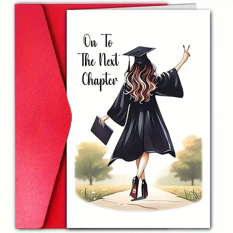 Cute Graduation Card with Envelope, Card Paper, Graduation Cap and Diploma Design, "Enter the Next Chapter" Message, Unique Message Suitable for Friends, Family, Classmates - Perfect for Graduation Party and Celebration, Special Occasion Card