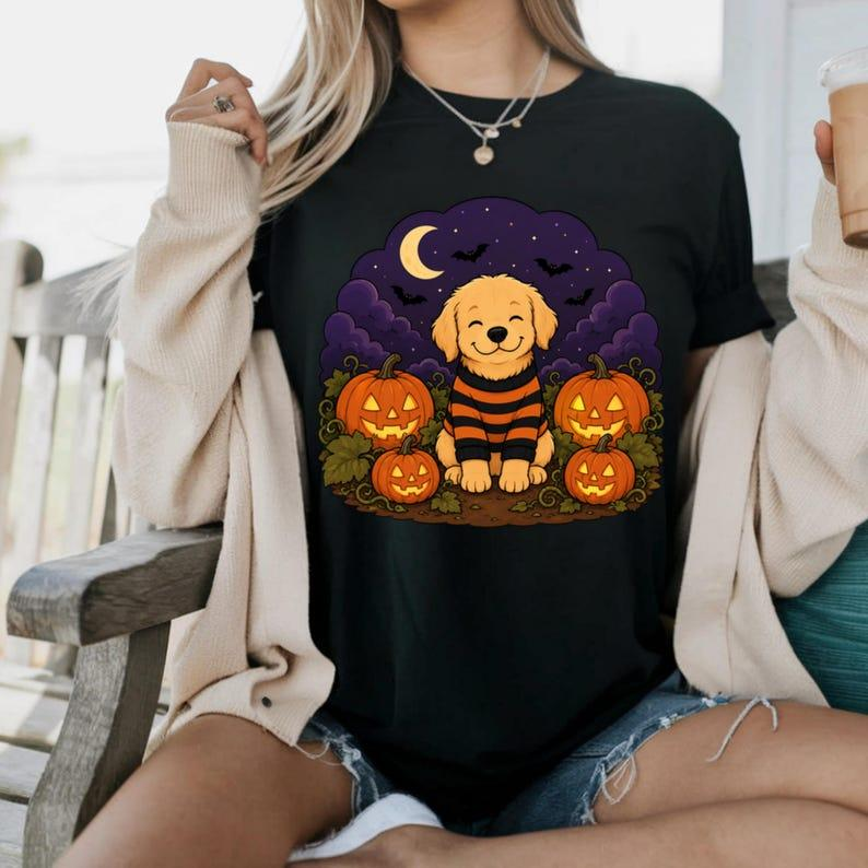 Dog Thanksgiving T-Shirt, Cute Halloween Puppy Tee, Golden Retriever Pumpkin Shirt, Spooky Dog Graphic Tee, Halloween Dog Lover Gift