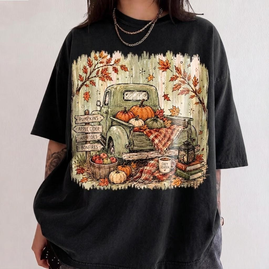 Vintage Fall Pumpkin Truck Shirt, Cozy Autumn Graphic Tee, Pumpkin Patch Shirt, Thanksgiving Shirt, Fall Aesthetic Tee