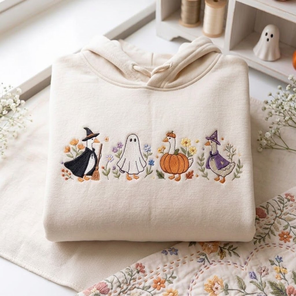 Embroidered Cute Halloween Hoodies, Cute Silly Goose Crewneck Fall Cottagecore Ghost & Pumpkin for Cozy Autumn Spooky Season