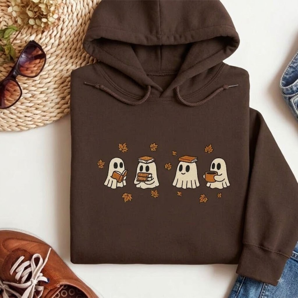 Embroidered Halloween Hoodies, Cute Reading Ghosts Crewneck Fall Cottagecore Ghost for Cozy Autumn Spooky Season