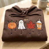 Cute Dancing Halloween Characters Embroidered Hoodies Fall Leaf, Ghost & Iced Coffee Top