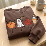 Cute Dancing Halloween Characters Embroidered Sweatshirt Fall Leaf, Ghost & Iced Coffee Top