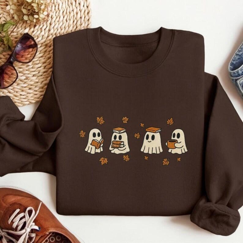 Embroidered Halloween Sweatshirt, Cute Reading Ghosts Crewneck Fall Cottagecore Ghost for Cozy Autumn Spooky Season