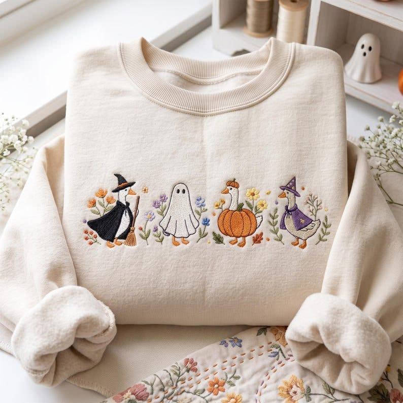 Embroidered Cute Halloween Sweatshirt, Cute Silly Goose Crewneck Fall Cottagecore Ghost & Pumpkin for Cozy Autumn Spooky Season